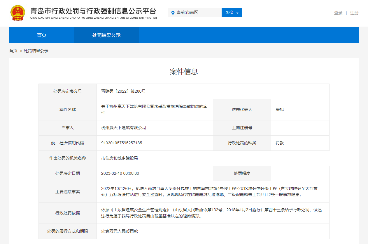 开云体育 kaiyun.com 官网入口装饰装修工程存在事故隐患杭州赢天下建筑有限公司被处罚(图1)