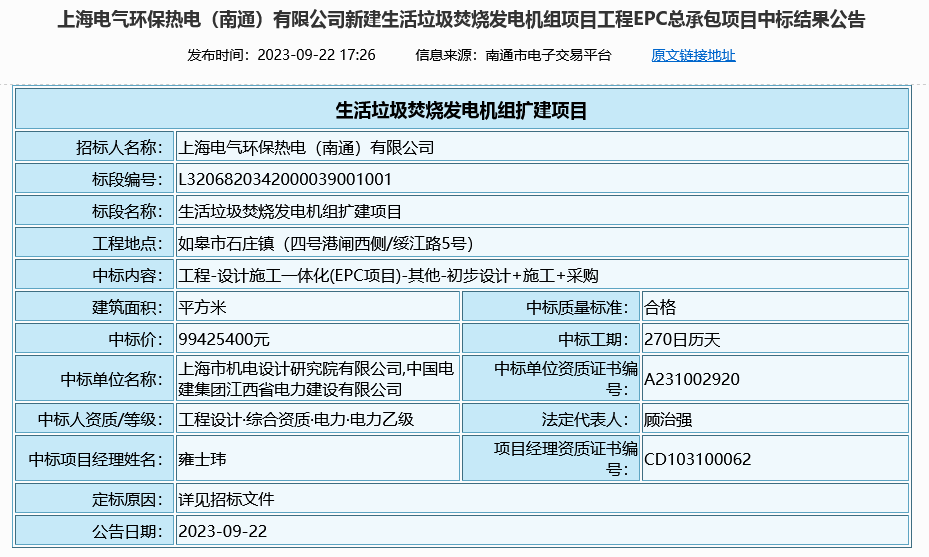 开云体育 Kaiyun.com 官网入口上海电气环保热电（南通）有限公司新建生活垃圾焚烧发电机组项目工程EPC总承包项目中标公告(图1)